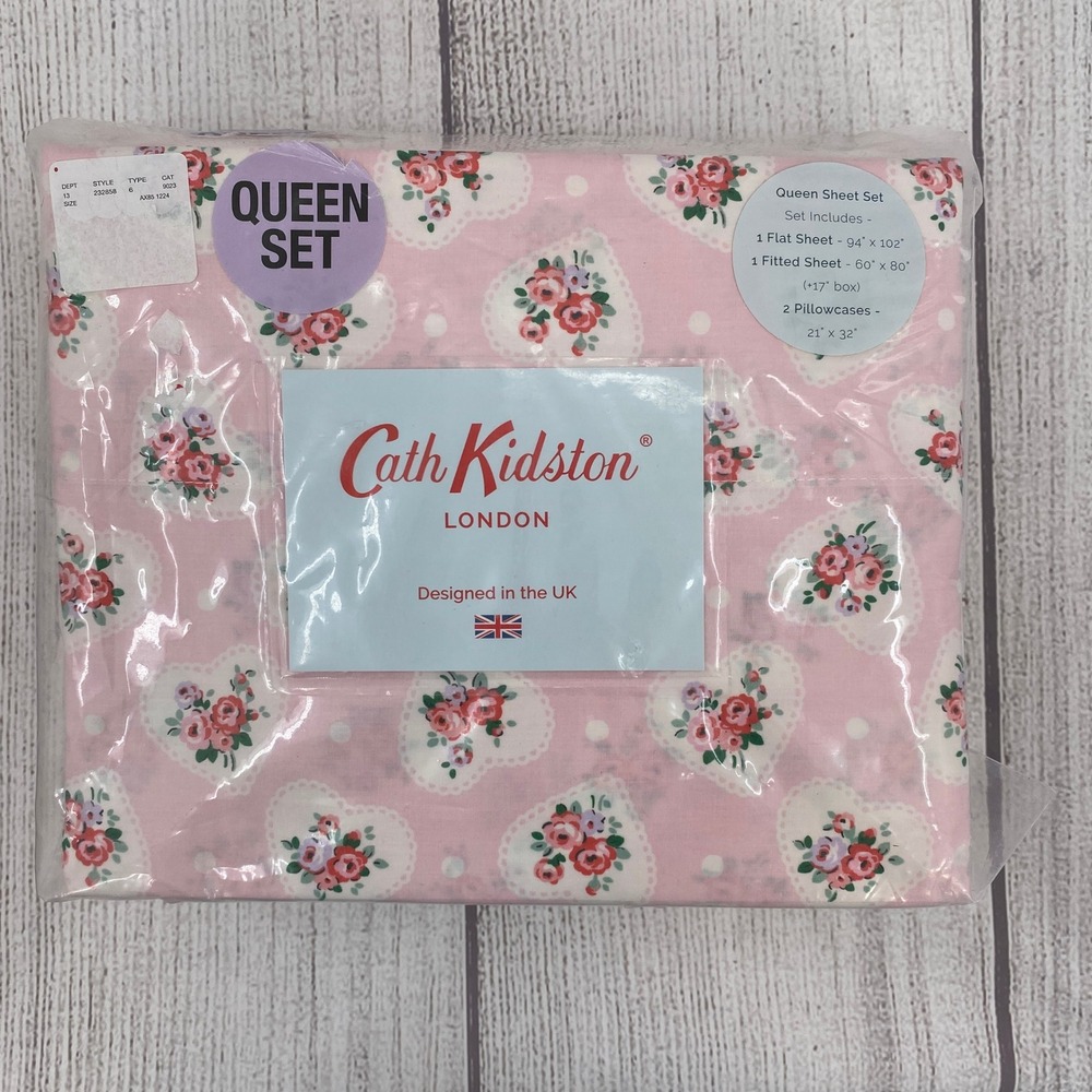 Cath Kidston Sheet Set Queen Pink Lace Hearts Floral Cotton 200TC Percale 4pc